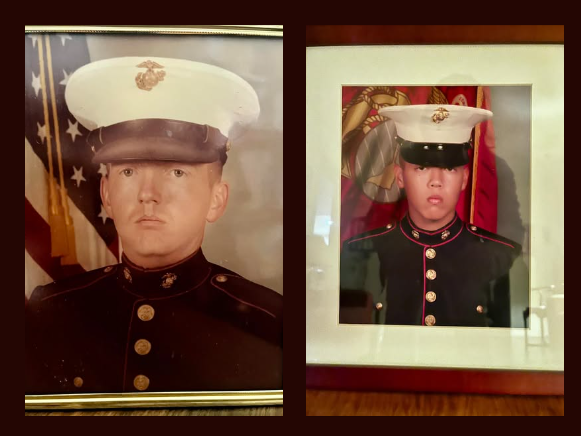 Framed U.S. Marine Corps dress blues portraits of Guia Blaske's husband and oldest son
