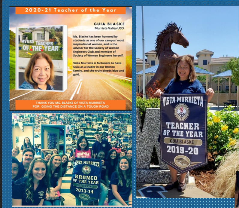Guia Blaske holding her Vista Murrieta Teacher of the Year banner alongside her MVUSD Teacher of the Year feature and Bronco of the Year photo with students