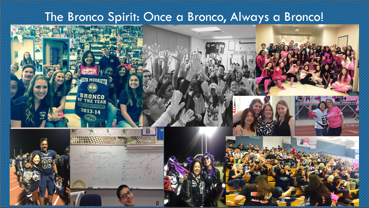 Collage of Bronco spirit events including pep rallies, Pink Out night, football games, and classroom celebrations with students