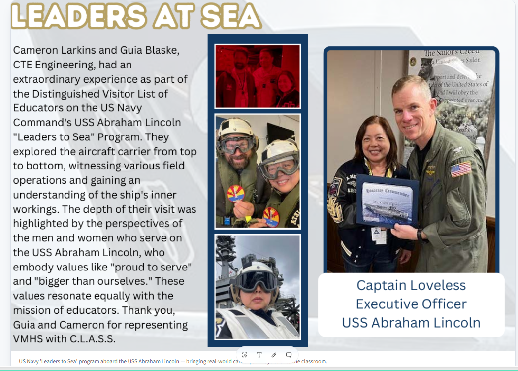 Guia Blaske and Cameron Larkins honored aboard the USS Abraham Lincoln as part of the US Navy Leaders to Sea program
