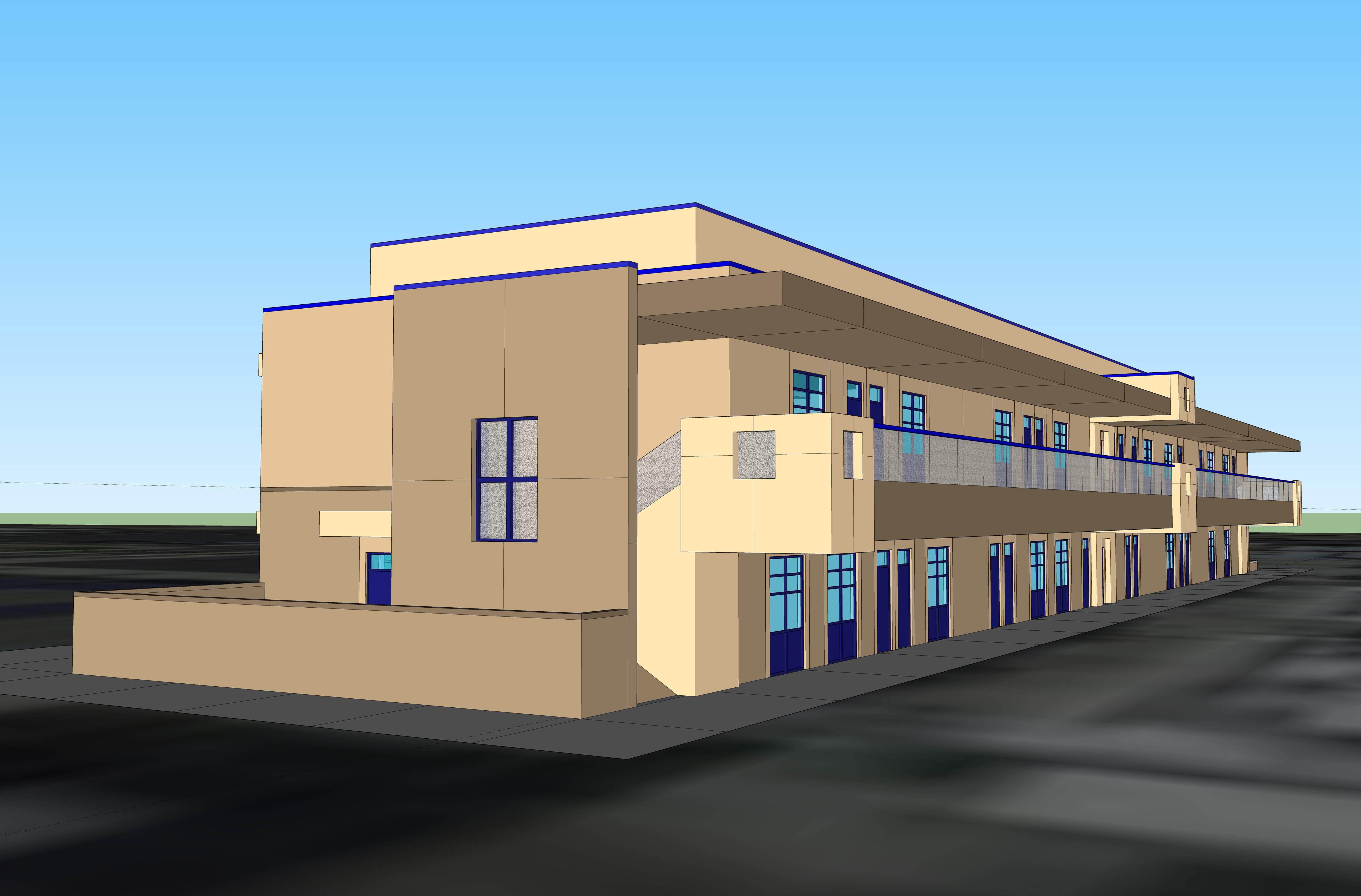 A student engineering rendering of a two-story building