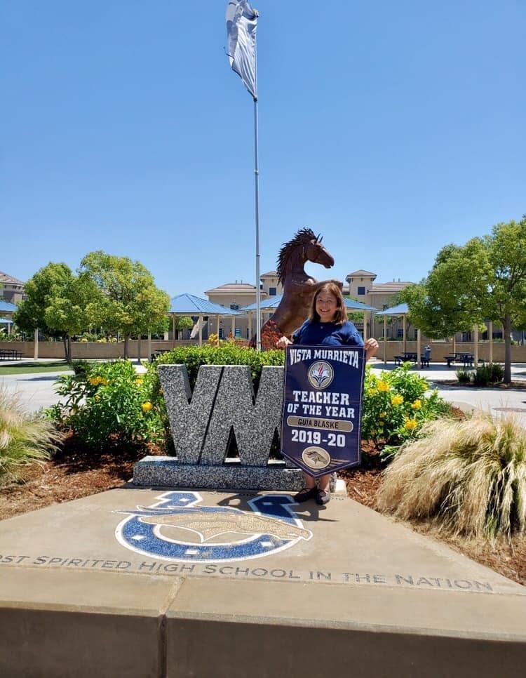 Vista Murrieta High School sign displaying the Teacher of the Year banner
