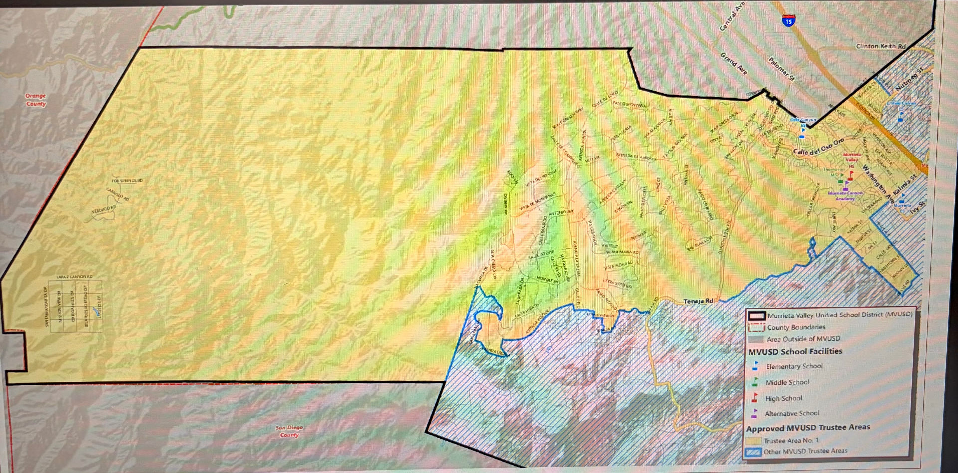 Approved Murrieta Valley Unified School District trustee area map with Trustee Area No. 1 shaded in yellow and other trustee areas hatched in blue