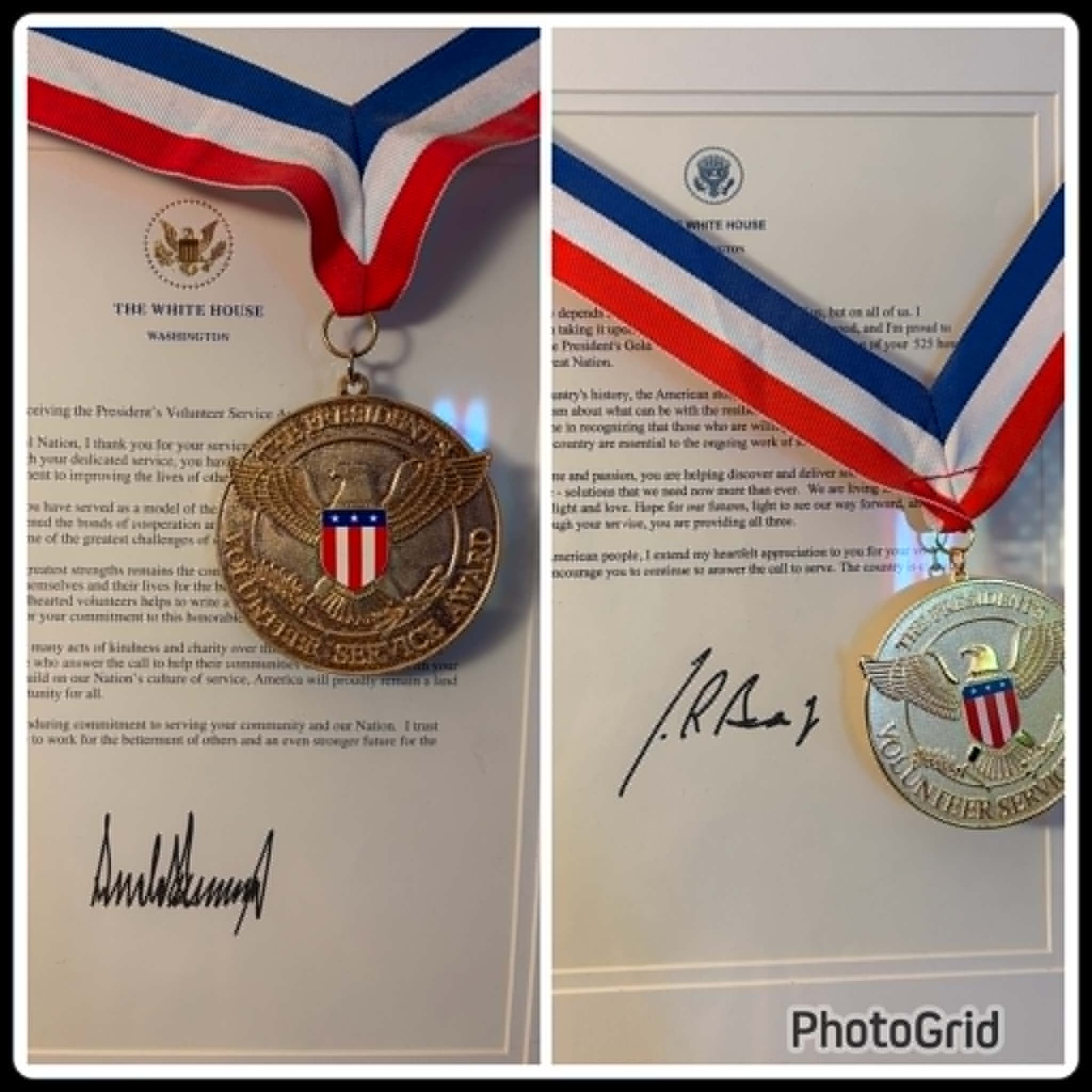 President's Volunteer Service Award medal resting on its White House certificate