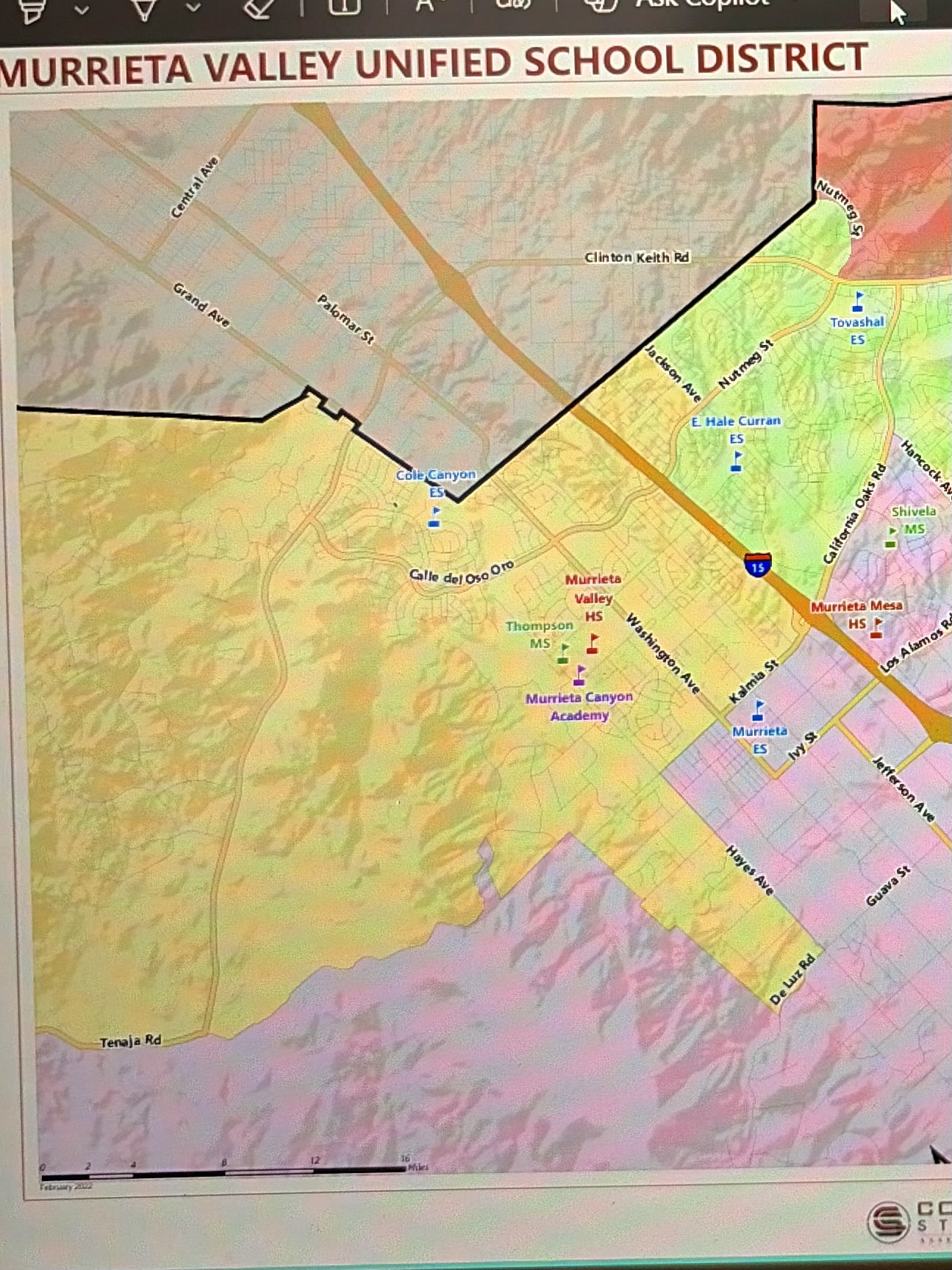 Murrieta Valley Unified School District map showing schools near Trustee Area 1, including Cole Canyon Elementary, Thompson Middle School, Murrieta Valley High School, and Murrieta Canyon Academy